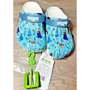 Disney Frozen Crocs Baya Clogs Girls Size j2 (Youth 2) Blue/Wht Print Shoes NWT
